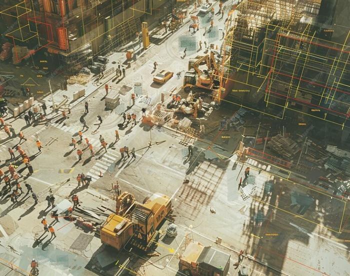 A construction site viewed from above with 3D laser scan wireframe overlays